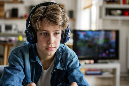 Teen Gamer with Headphones in Home Environment. Generative AIの素材