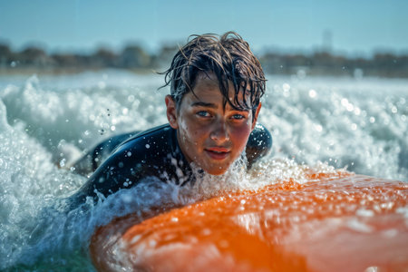 Teen Surfer Catching Waves at Beach. Generative AIの素材