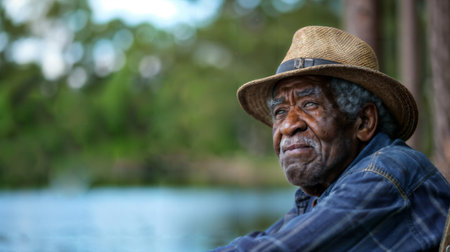 Elderly Man Contemplating by the Lake. Generative AIの素材