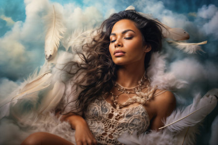 Dreamy Portrait of Woman with Feathers. Generative AIの素材