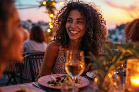 Smiling Woman at Sunset Dinner Party. Generative AIの素材