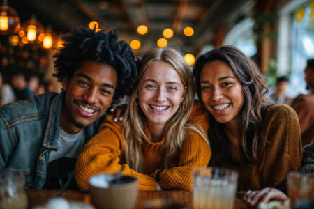 Friends Enjoying Coffee Together at Cafe. Generative AIの素材