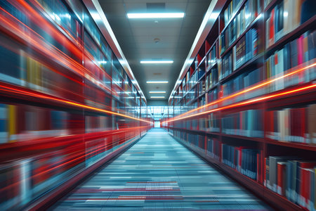 Futuristic Library Aisle with Light Speed Motionの素材
