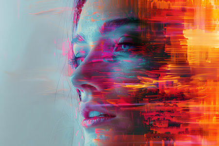 Vibrant Digital Distortion Portrait of a Womanの素材