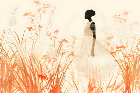 Ethereal Woman Merged with Autumnal Wildflowers. Colorful Illustrationの素材