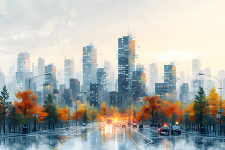 Autumn Infused Cityscape with Digital Disintegrationの素材
