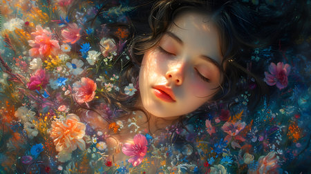 Dreamlike Portrait of Girl Surrounded by Flowersの素材