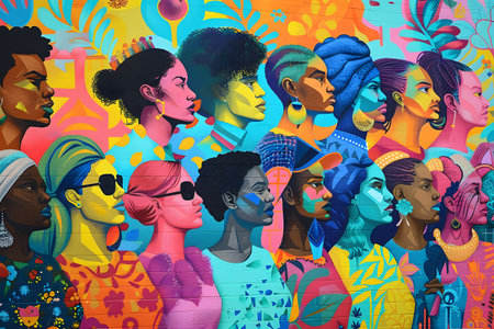 Colorful Mural of Diverse Women Profilesの素材