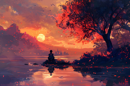 Solitude at Sunset: Reflective Moments by the Lakeの素材