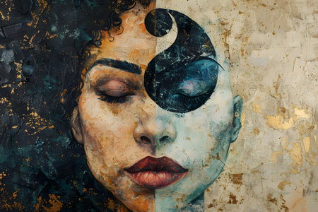Surreal Yin Yang Female Portrait on Textured Canvasの素材