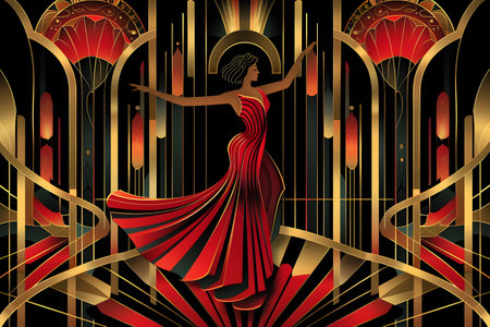 Art Deco Style Lady in Flowing Red Dress Illustrationの素材