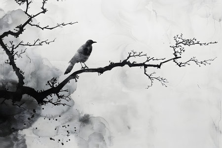 Monochrome Bird on a Branch in Ink Washの素材
