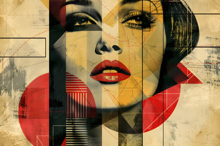 Vintage Collage of Woman's Face with Abstract Shapesの素材