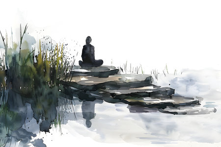 Person Meditating on Rock by Water in Watercolorの素材