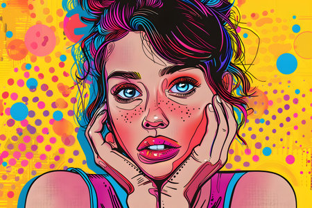 Colorful Pop Art Style Portrait of a Young Womanの素材