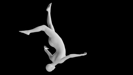 Female Mannequin in Dynamic Upside-Down Flipping Pose Isolated on Black Background. Side View
