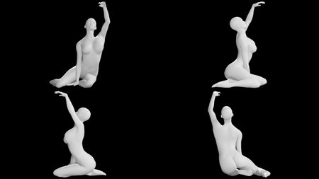 White Female Mannequin in Kneeling Pose with Raised Arm Isolated on Black Background. Multiple Views (Front, Side, Back)の写真素材