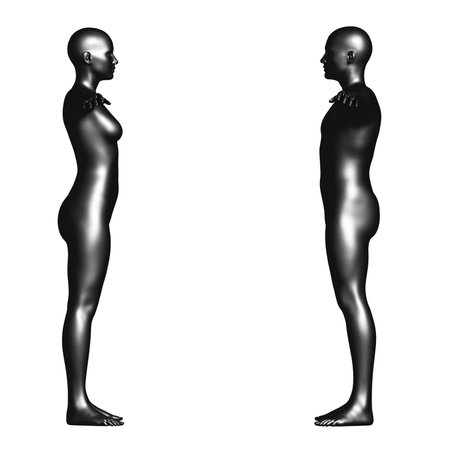 Black Male and Female Mannequin in T-Pose Facing Each Other. Isolated on White Background. 3D renderingの写真素材
