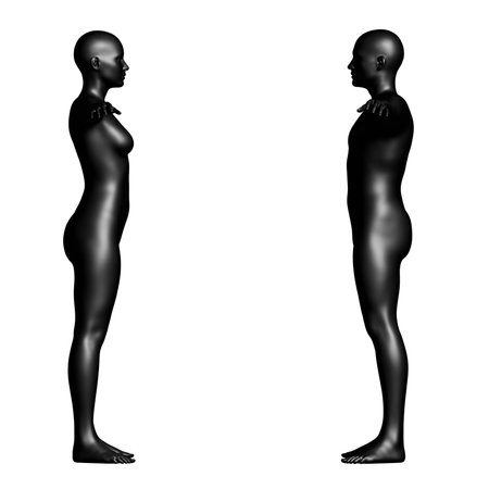 Black Male and Female Mannequin in T-Pose Facing Eachother. Isolated on White Background. 3D renderingの写真素材