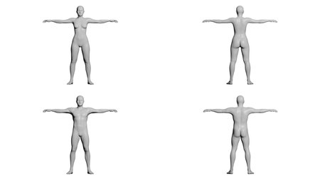 White Male and Female Mannequin in T-Pose, Front and Back View. Isolated on White Background. 3D renderingの写真素材