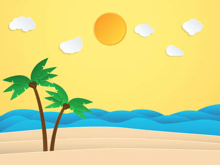 Summer sunshine time. Sea with beach and coconut tree. Paper art style. Vector illustration.のイラスト素材