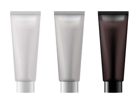 Set of realistic empty package for luxury cosmetic product. Collection of blank template of plastic containers. Bottle for liquid, skin care cream. Vector mockup isolated on white background.のイラスト素材