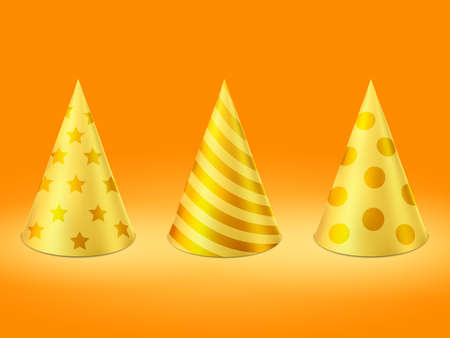 Party hat set isolated on a light background. Birthday hat set. Vector fun decoration. Colorful surprise costume.のイラスト素材