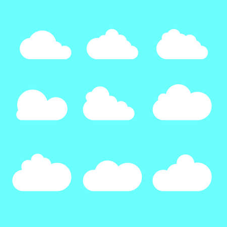 Set of clouds. Cartoon clouds isolated on blue background. Vector illustration.