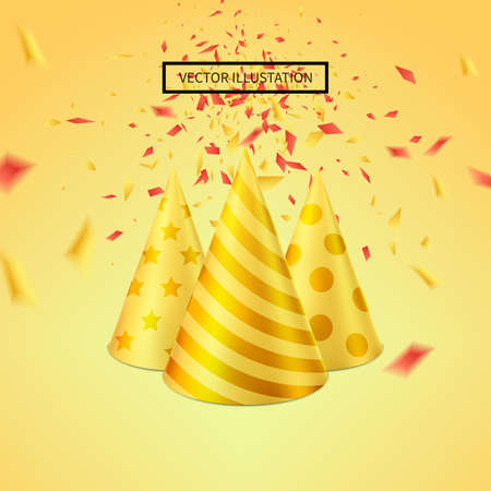Birthday hats and confetti background with place for text. Vector Illustration.のイラスト素材