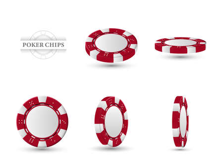 Poker chips in different position. Red chips isolated on light background. Vector illustration.のイラスト素材