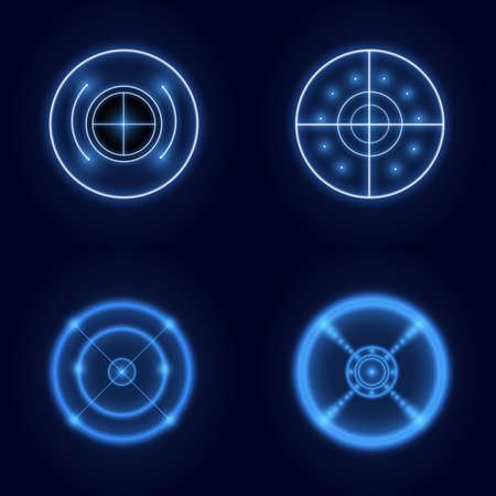 Neon hud futuristic element isolated on dark background. Hi-tech user interface. Abstract virtual target. Vector illustration.のイラスト素材