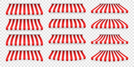 Realistic striped shop sunshade. Store awning. Roof canopy. Shop tent set. Vector illustration.のイラスト素材