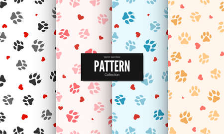 Set of Paw print seamless texture. Textile pattern cat footprints with hearts. Cat footprint seamless pattern. Vector illustration.のイラスト素材