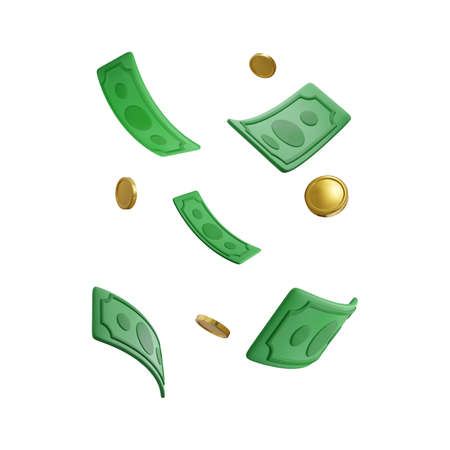 3d realistic green dollar bills and gold coins. Jackpot and casino win design. Falling money business concept for banner. vector illustration.のイラスト素材