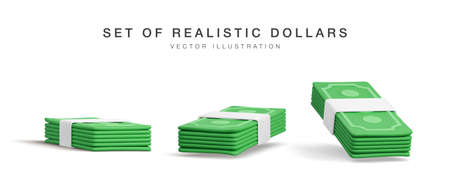 Set of 3D stack of dollar USA. Render green paper pack of money. Paper dollar banknote isolated on white background. vector illustration.のイラスト素材
