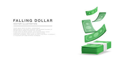 3D realistic green dollars falling to stack of money. Concept for business baner or poster. Paper bills in cartoon style. vector illustration.のイラスト素材