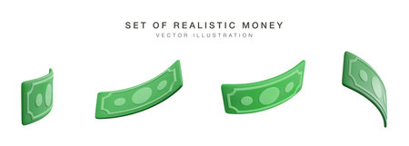 Realistic banknote currency in cartoon style. 3D green paper dollars. Set of twisted money. vector illustration.のイラスト素材