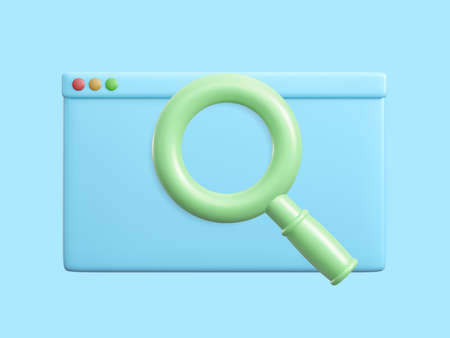 Web browser window template with magnifier. Blank screen web browser and magnifying glass in...