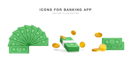 Set of 3d realistic green dollars banknote currency and gold coin. vector illustration.のイラスト素材