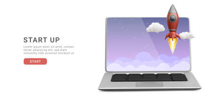 Start up banner with laptop, rocket, clouds in realistic style. vector illustration.のイラスト素材