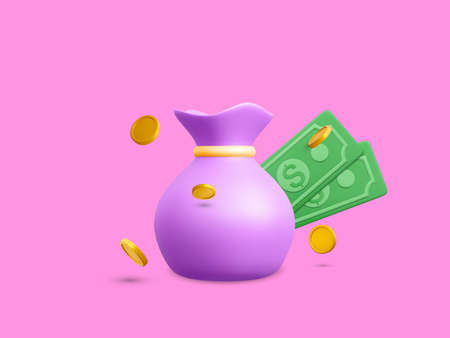 Money bag with falling gold coins and green currency in cartoon style. 3d realistic money object for poster or banner. vector illustration.のイラスト素材