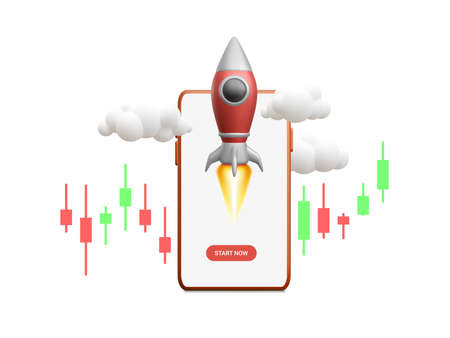 3D flying space rocket with trading graph on mobile phone. Space for business startup and growth statistics trading concept. vector illustration.のイラスト素材