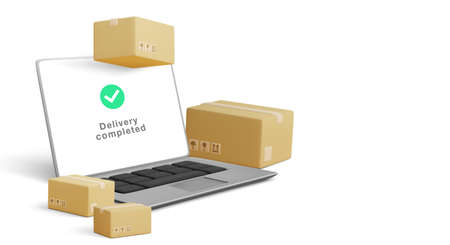 Online delivery banner with 3d realistic laptop and parcels in realistic style. vector illustration.のイラスト素材