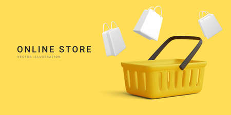 Online store banner with shopping cart and white gift bags. 3d realistic vector illustration.のイラスト素材