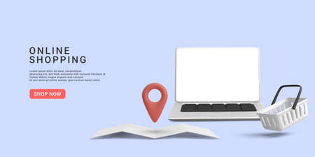 Store banner with laptop, product cart and location your store. 3d realistic vector illustration.