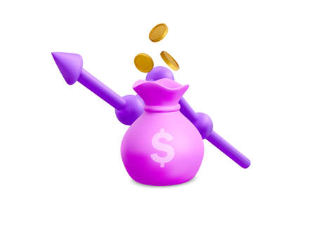 3D money bags, flying coins and growth arrow. Money growing business concept for business, investment, online payment and payment. vector illustration.のイラスト素材
