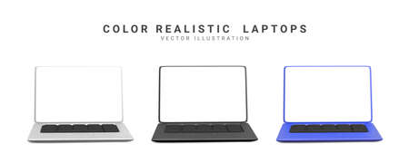 3d realistic set of laptops in blue, silver, black colors with shadow. vector illustration.のイラスト素材