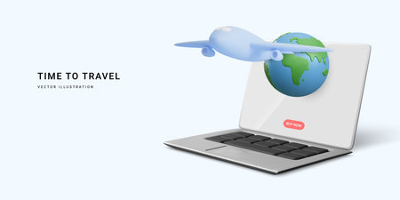 3d realistic travel banner with laptop, planet and airplane. Time to travel. vector illustration.のイラスト素材