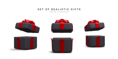 Set of 3d realistic gift boxes with red ribbon isolated on white background. Surprise boxes. vector illustration.のイラスト素材
