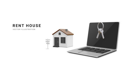 3d realistic online booking banner. Mobile application for book hotel, accommodation or apartment for vacation in cartoon style. Landing page of online rent reservation. vector illustration.のイラスト素材